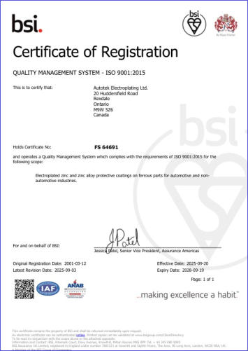 Current ISO Certificate for Autotek Electroplating